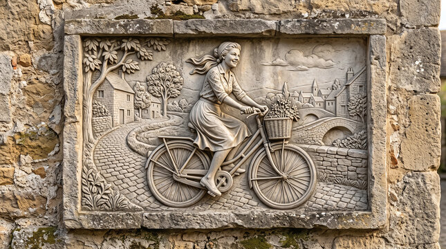 antique style refined bas-relief sculpture embedded in stone wall  of woman riding a bicycle