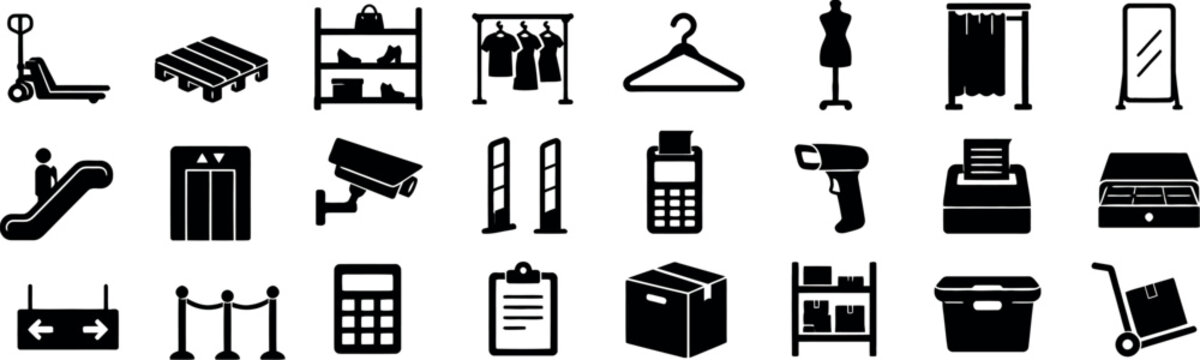 Set of black and white retail and shopping icons representing store equipment and management systems