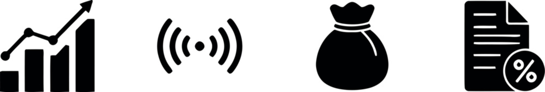 Set of four black business and technology icons representing growth connectivity finance and digital document management