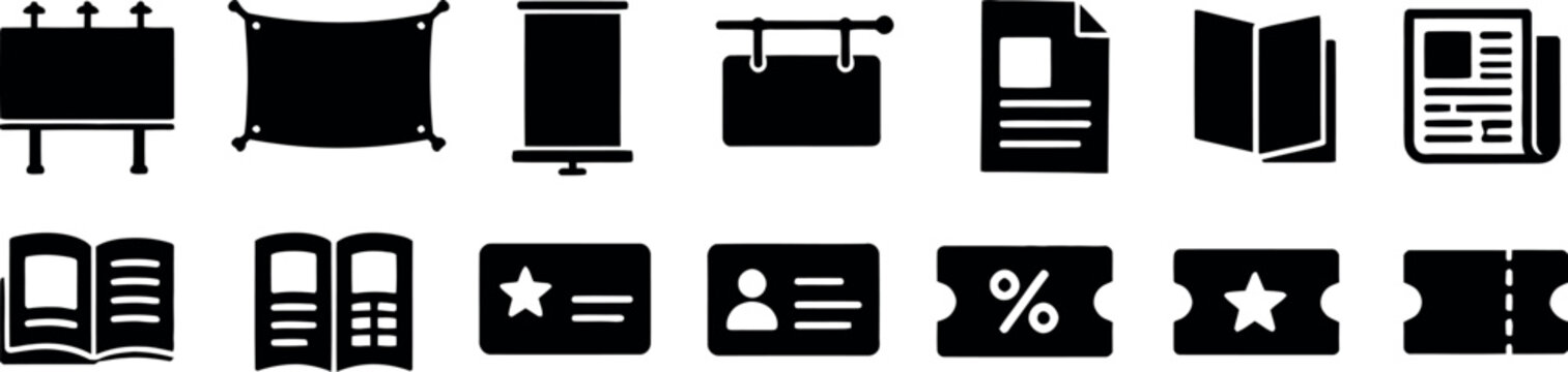 Set of black and white vector icons representing various types of paper documents tickets and advertising signage boards