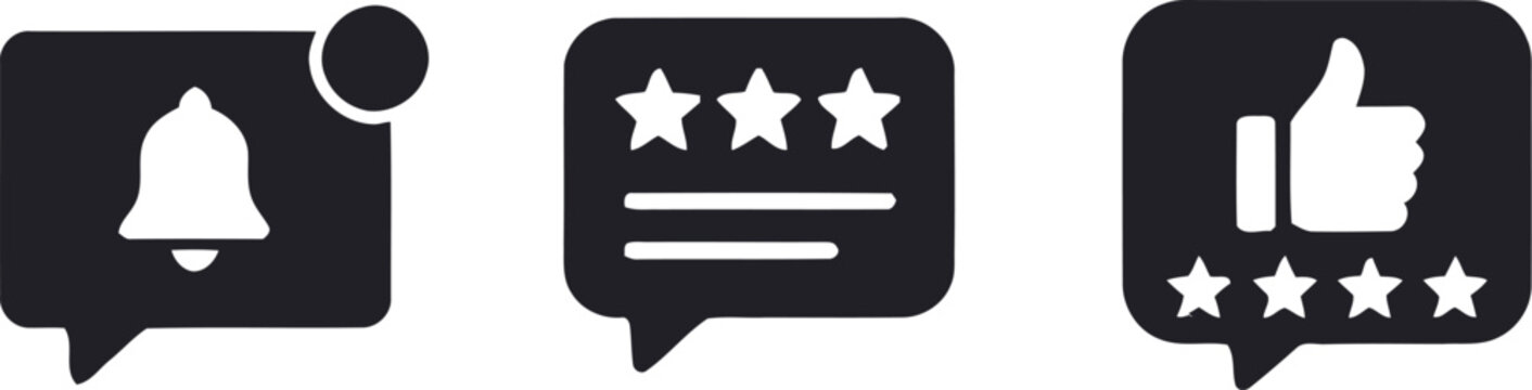 Set of social media notification and feedback icons featuring a bell star rating and thumbs up symbol