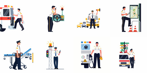 Fototapeta premium Flat vector illustrations of an ambulance driver and paramedic performing various emergency medical services and transportation duties in a professional uniform.