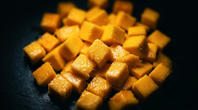 Fresh diced mango cubes on a dark background showcasing vibrant yellow color, glossy juicy texture and precise square cuts, representing healthy eating and tropical fruit nutrition