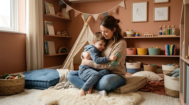 Mother hugging her young son in a cozy decorated playroom