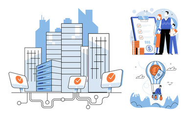 Naklejka premium Digital infrastructure and financial planning vector illustration. Business growth, investment strategy, family insurance, data security, economic stability, wealth management. Technology systems