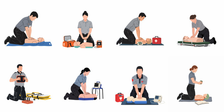 Illustration collection of medical professionals performing CPR training and emergency first aid on mannequins with medical equipment on white background.