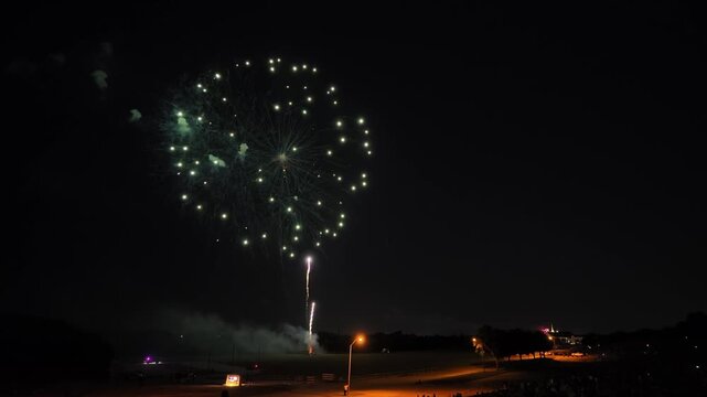 Colorful fireworks exploding over a park at night
