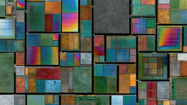 Abstract mosaic of iridescent and textured squares forming a vibrant, geometric digital art pattern