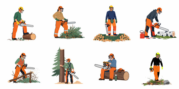 Collection of professional loggers and lumberjacks wearing safety gear and using chainsaws for forestry and woodcutting work in various flat vector illustrations.