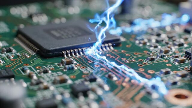 Closeup of a microchip on a green circuit board with blue electrical sparks, representing technology and power transfer