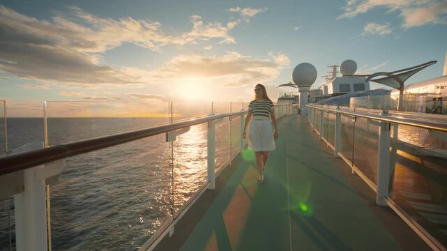 Woman strolls along cruise liner deck in the Caribbean Sea during golden hour sunset. Glass railings reflect warm sunlight as she walks past ship equipment with ocean waves sparkling below and clouds.