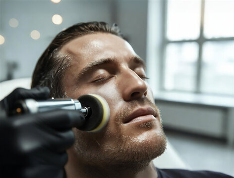Handsome man getting facial polishing polishing machine skin care male cosmetology procedure spa salon