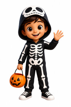 3D cartoon boy in skeleton Halloween costume holding a pumpkin bucket and waving, isolated on white background.