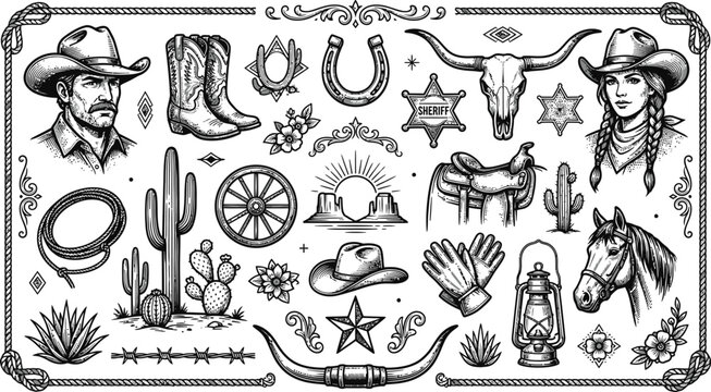Detailed western cowboy and cowgirl tattoo flash collection featuring vintage wild west elements like skulls, cacti, boots, and sheriff badges.