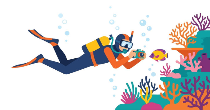 A professional scuba diver wearing underwater gear captures aquatic life near a bustling coral reef while bubbles rise to the surface in an exploration of a vibrant tropical ocean habitat area