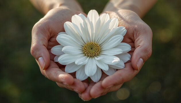 A delicate white daisy cradled gently in cupped hands, symbolizing purity, care, and the simple beauty of nature flourishing in a serene outdoor setting