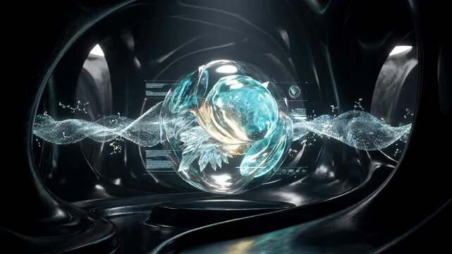 abstract futuristic design with glowing sphere and dynamic wave in dark environment