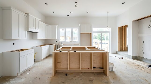 Modern White Kitchen Interior Under Construction Featuring Custom Cabinetry and Large Island Structure in a New Residential Home