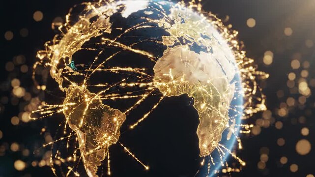 Global network of glowing connections spans Earth at night, representing worldwide communication, data transfer, and international business