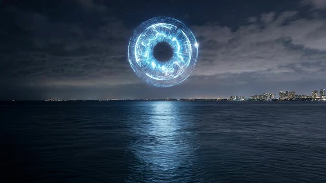 Futuristic glowing orb above water with city skyline at night