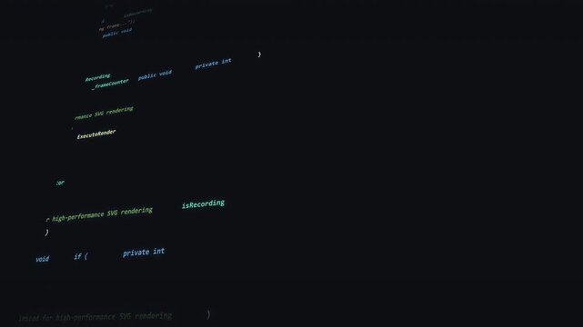 Computer programming code scrolling on a dark screen