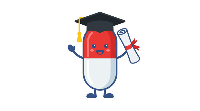 Cute Cartoon Medical Pill Character Wearing a Graduation Cap Holding a Diploma for Education and Healthcare Concept