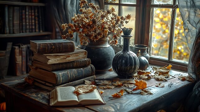 Vintage books and flowers on wooden table