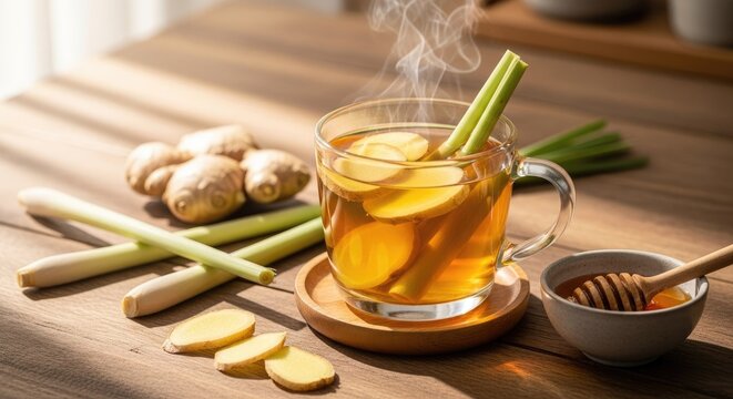 Warm ginger and lemongrass tea with honey and ingredients