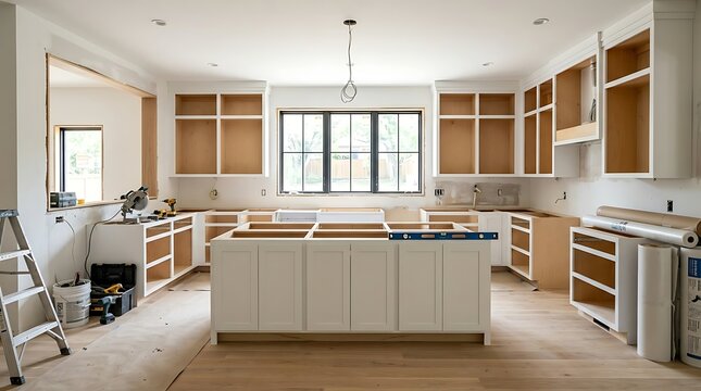 Modern kitchen renovation process with new white and wood cabinets during interior house remodeling project