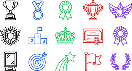 Fototapeta premium Achievement and award vector icons. Set of flat symbols for success and business goals.