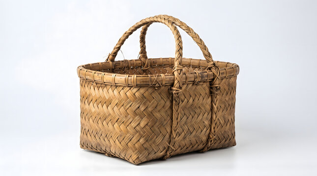 Handmade woven bamboo market shopping basket with handles isolated on white background, artisanal natural fiber tote basket