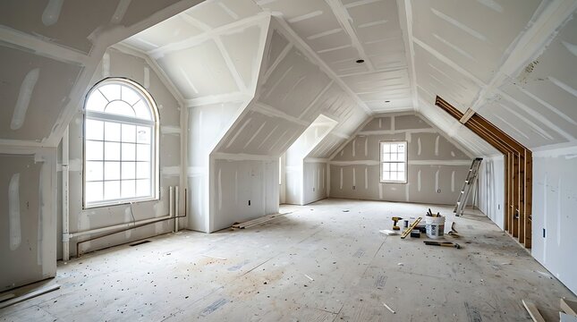 Spacious unfinished attic interior with fresh drywall installation and mudding, ready for home renovation