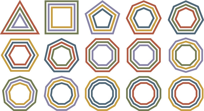 Geometric polygon line frames vector set with nested concentric shapes triangle square pentagon hexagon octagon decagon and multi layered badge border outlines.