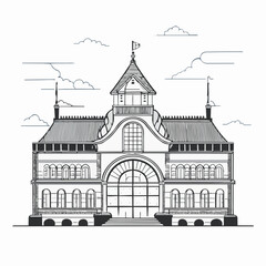 Obraz premium Vintage architectural building line art illustration featuring grand entrance and tower details.