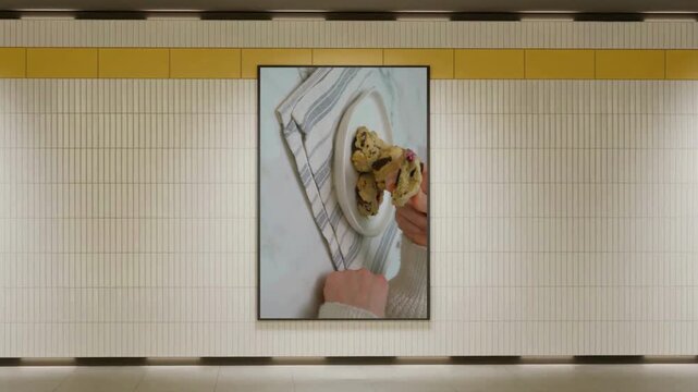 Person holding chocolate chip cookies. Hands breaking a fresh baked cookie on a plate.