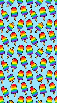 Seamless pattern of colorful rainbow ice pops on light blue background