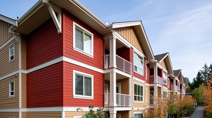 Obraz premium Modern Apartment Buildings with Red and Tan Siding and Balconies in a Suburban Setting