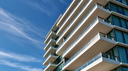 Obraz premium Modern Luxury Apartment Building With Balconies Against A Clear Blue Sky