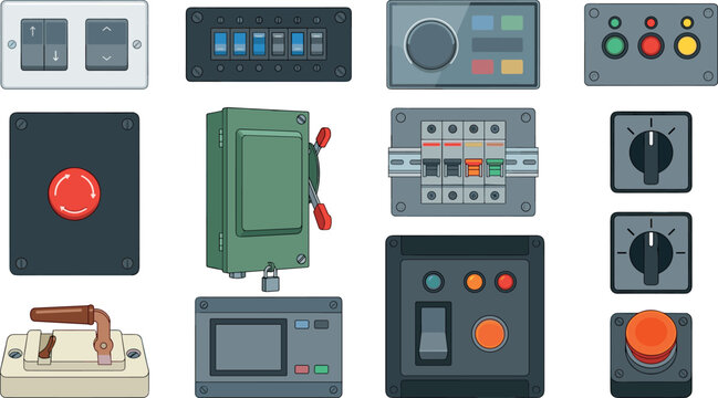 Industrial electrical switch panels and power control breaker icons set for engineering technology automation hardware dashboard layout vector