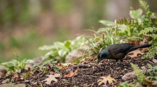 Common grackle foraging on a forest floor among green plants
