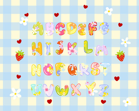 Alphabets Fonts design with cute flower illustration for lettering on gingham textured background