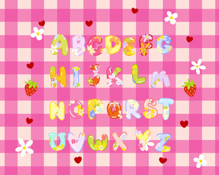 Alphabets Fonts design with cute flower illustration for lettering on gingham textured background