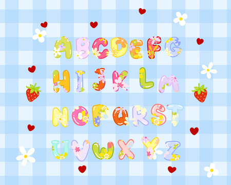 Alphabets Fonts design with cute flower illustration for lettering on gingham textured background