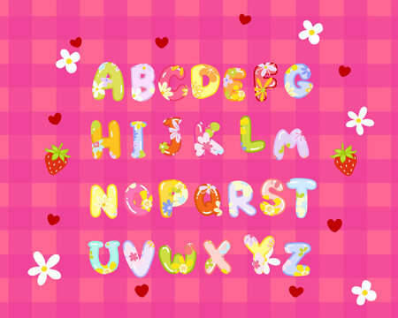 Alphabets Fonts design with cute flower illustration for lettering on gingham textured background