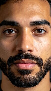 A Close-Up Portrait of a Young Man with a Well-Groomed Beard Staring Directly into the Camera Lens with Focused Expression