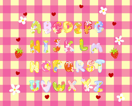 Alphabets Fonts design with cute flower illustration for lettering on gingham textured background