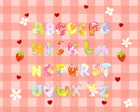 Alphabets Fonts design with cute flower illustration for lettering on gingham textured background