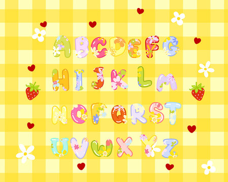Alphabets Fonts design with cute flower illustration for lettering on gingham textured background