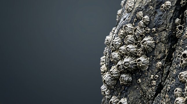 Close up of marine barnacles attached to a dark coastal rock