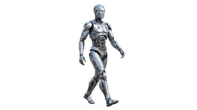 Futuristic silver humanoid robot walking, metallic chrome cyborg character isolated on white background, advanced artificial intelligence android in motion
